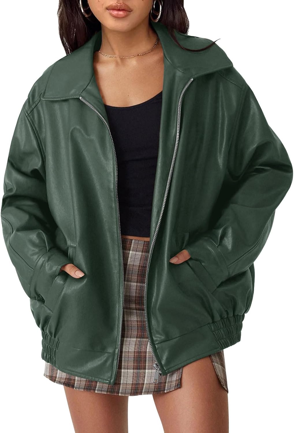 Tindra Women's Oversized Vegan Leather Jacket – Biker Style, Zip-Up Front & Boyfriend Fit