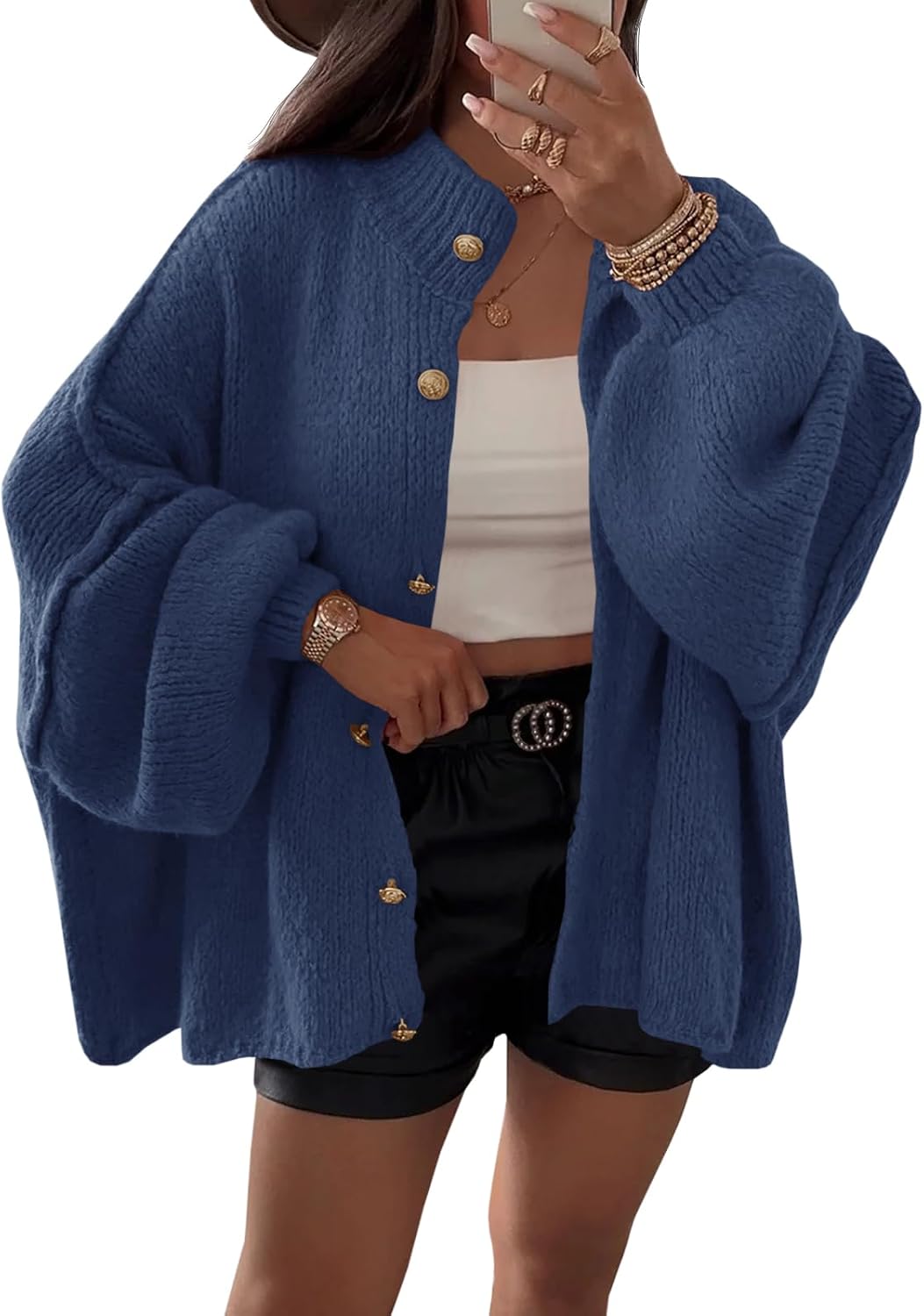 Briar Women's Oversized Cardigan – Balloon Sleeves, Ribbed Knit Fabric & Button-Up Front