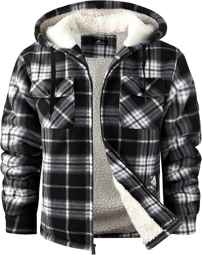 Marlowe Men's Plaid Flannel Jacket – Sherpa Lined, With Hood, Full-Length Zipper & 4 Handy Pockets