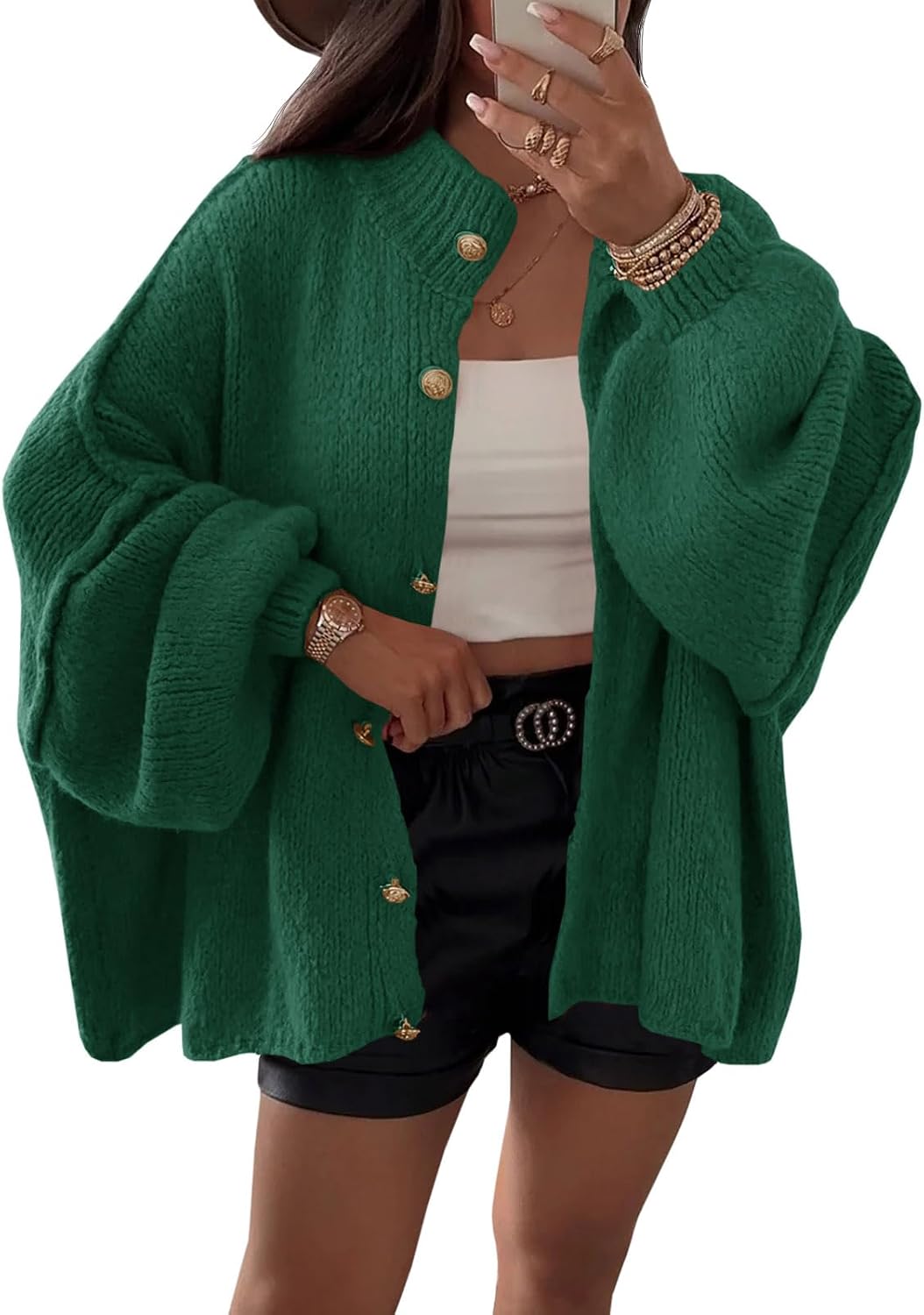 Briar Women's Oversized Cardigan – Balloon Sleeves, Ribbed Knit Fabric & Button-Up Front