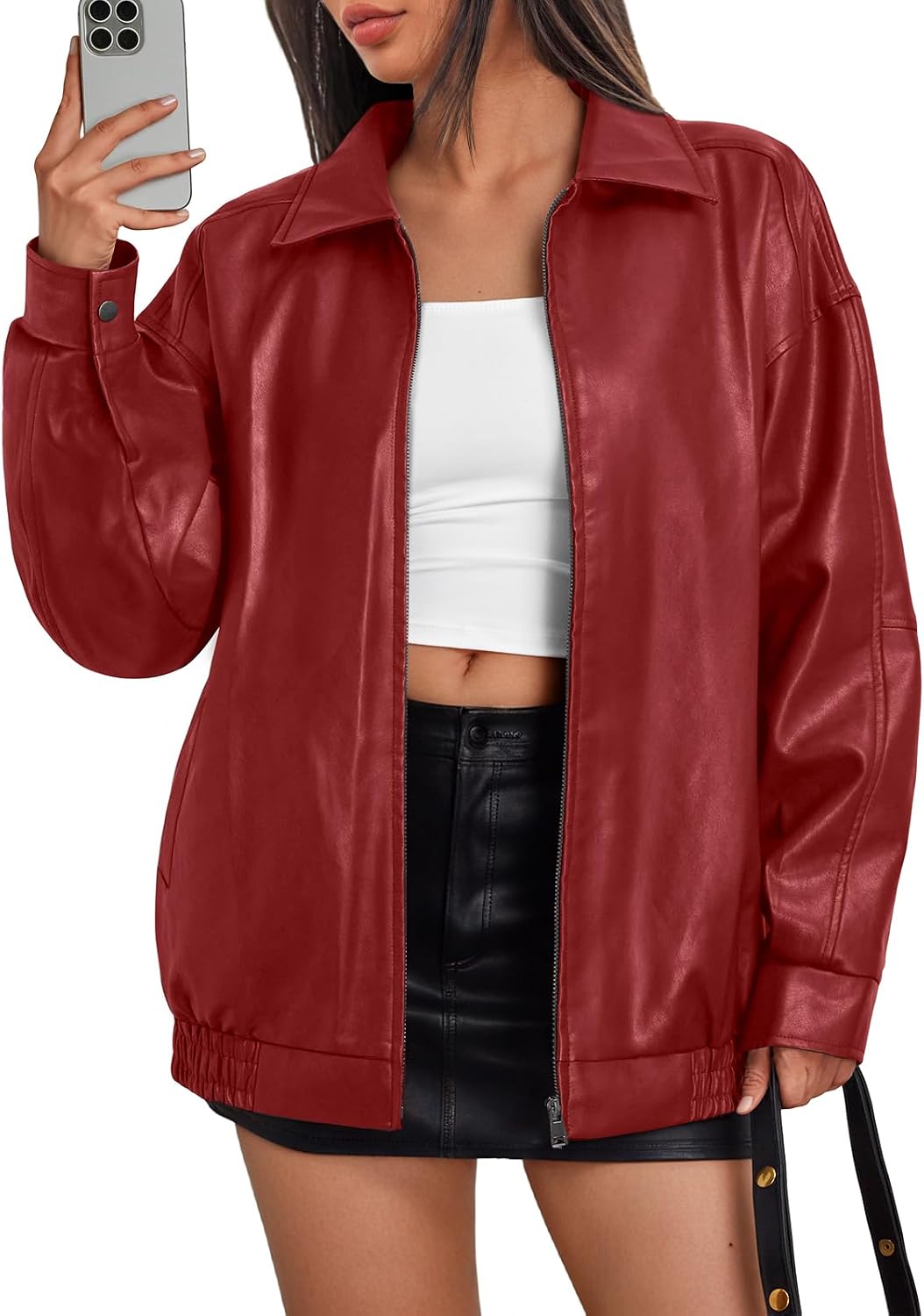 Rosalind Women's Vegan Leather Bomber Jacket – Oversized Boyfriend Fit & Zip-Up Front