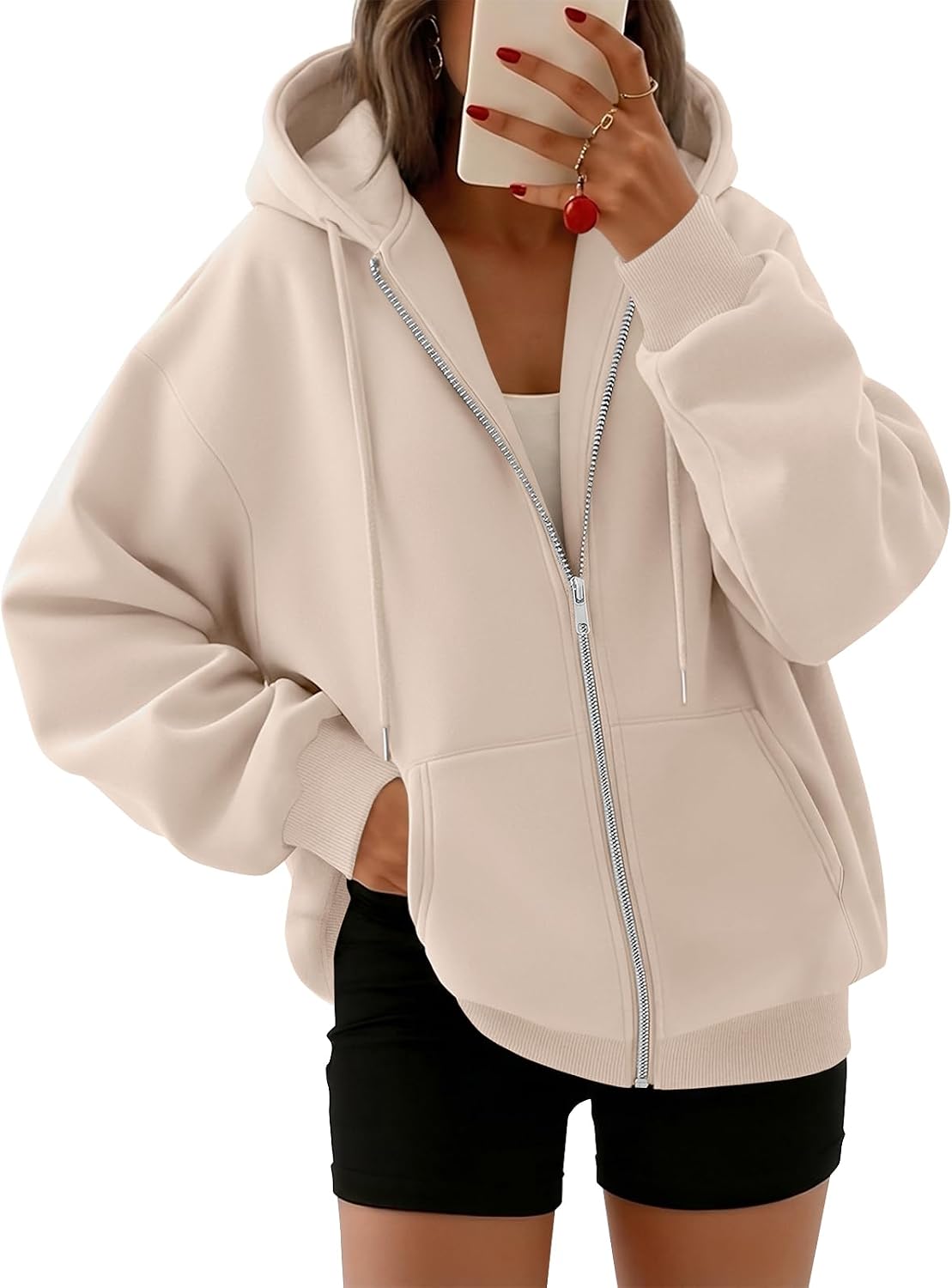 Ulla Women's Oversized Zip-Up Hoodie – Fleece, Drawstring Hood & Side Slip Pockets