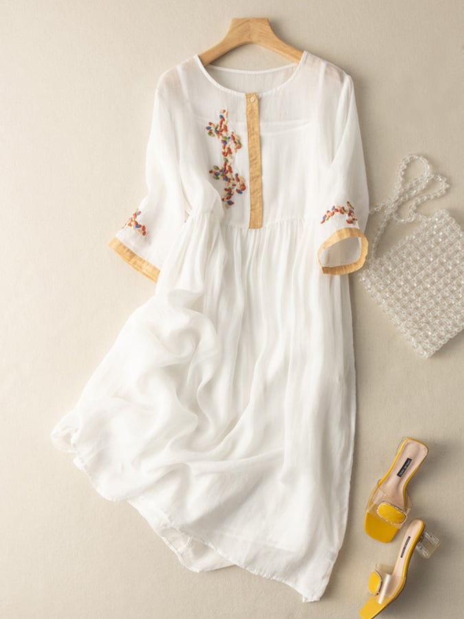 Talise Women's Dress – Embroidered Cotton-Linen Dress with Ethnic-Inspired Design and Comfortable Fit