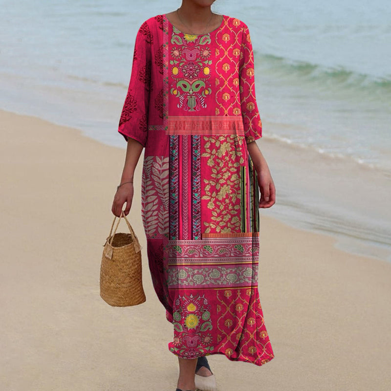 Yancy Women's Maxi Dress – Red Ethnic Bohemian Print in Airy, Flowing Cotton