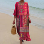Yancy Women's Maxi Dress – Red Ethnic Bohemian Print in Airy, Flowing Cotton