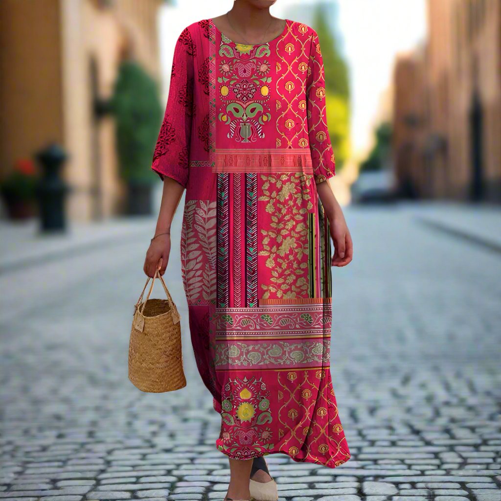 Yancy Women's Maxi Dress – Red Ethnic Bohemian Print in Airy, Flowing Cotton
