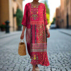 Yancy Women's Maxi Dress – Red Ethnic Bohemian Print in Airy, Flowing Cotton