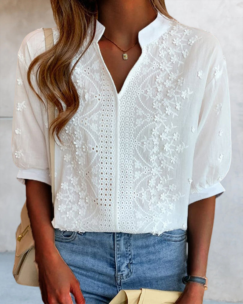Kellan Women's Blouse – V-Neckline Top with Puff Sleeves, Cotton-Blend Fabric & Patchwork Accents