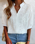 Kellan Women's Blouse – V-Neckline Top with Puff Sleeves, Cotton-Blend Fabric & Patchwork Accents