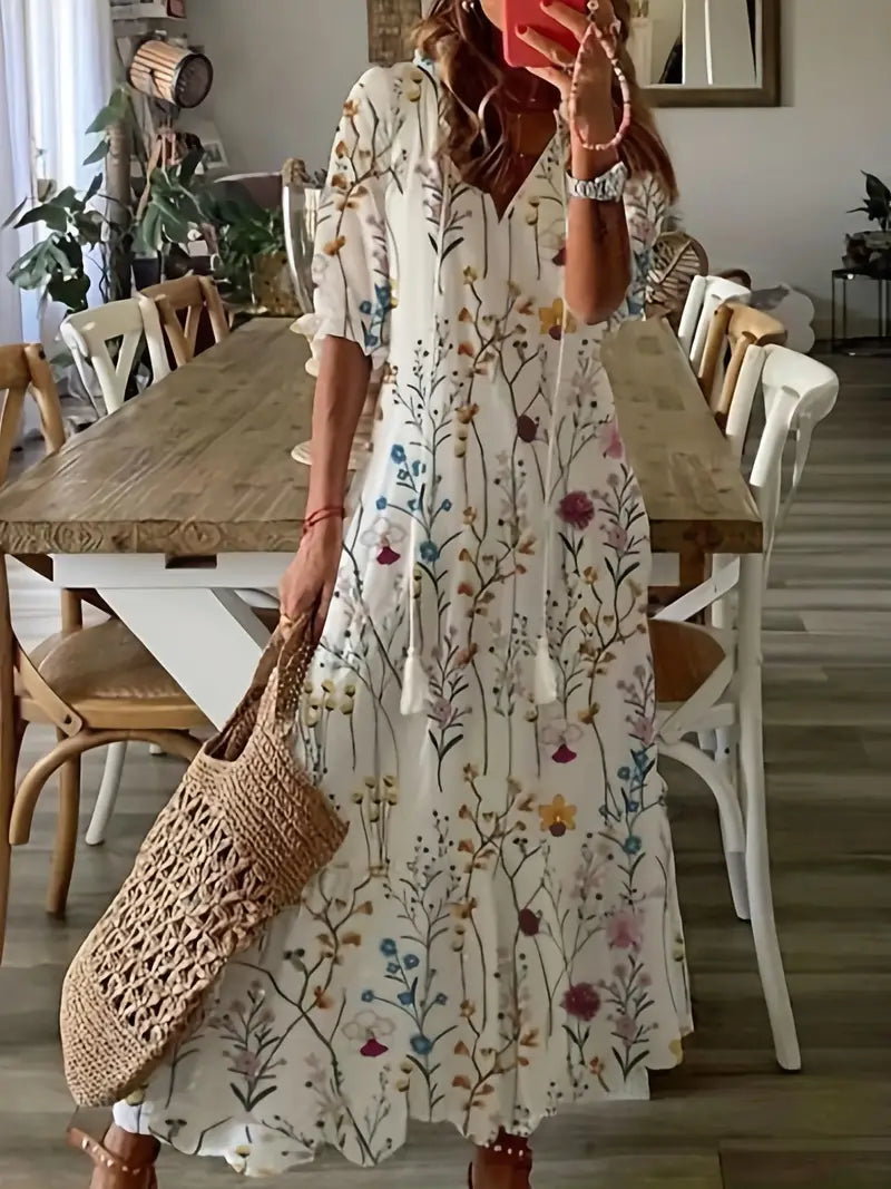 Corwin Women's Boho Dress – Sophisticated Ruffled Summer Dress with V-Neckline & Ikat Print
