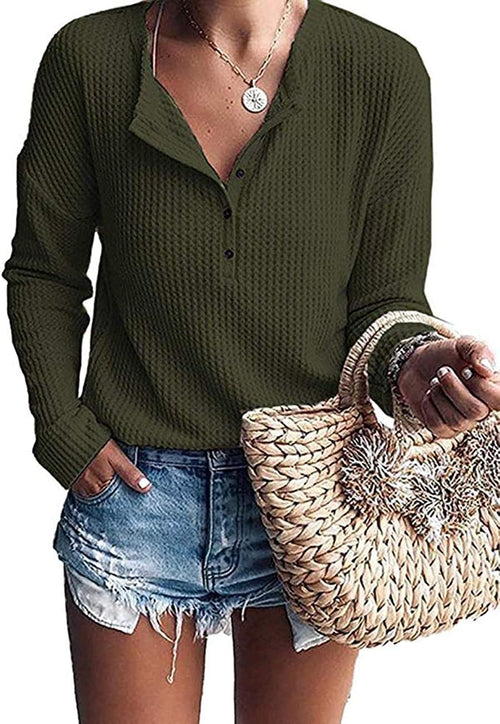 Bram Women's Waffle Knit Henley Top – V-Neckline, Dolman Sleeves & Easy Fit