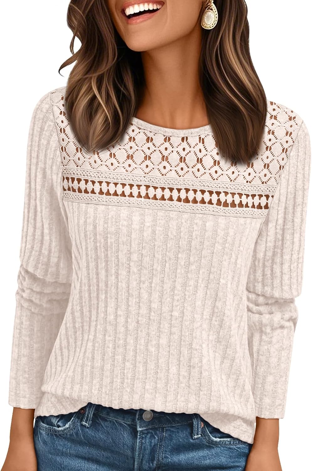 Cormac Women's Lace Ribbed Top – Crewneck, Full-Length Sleeves & Fitted Silhouette