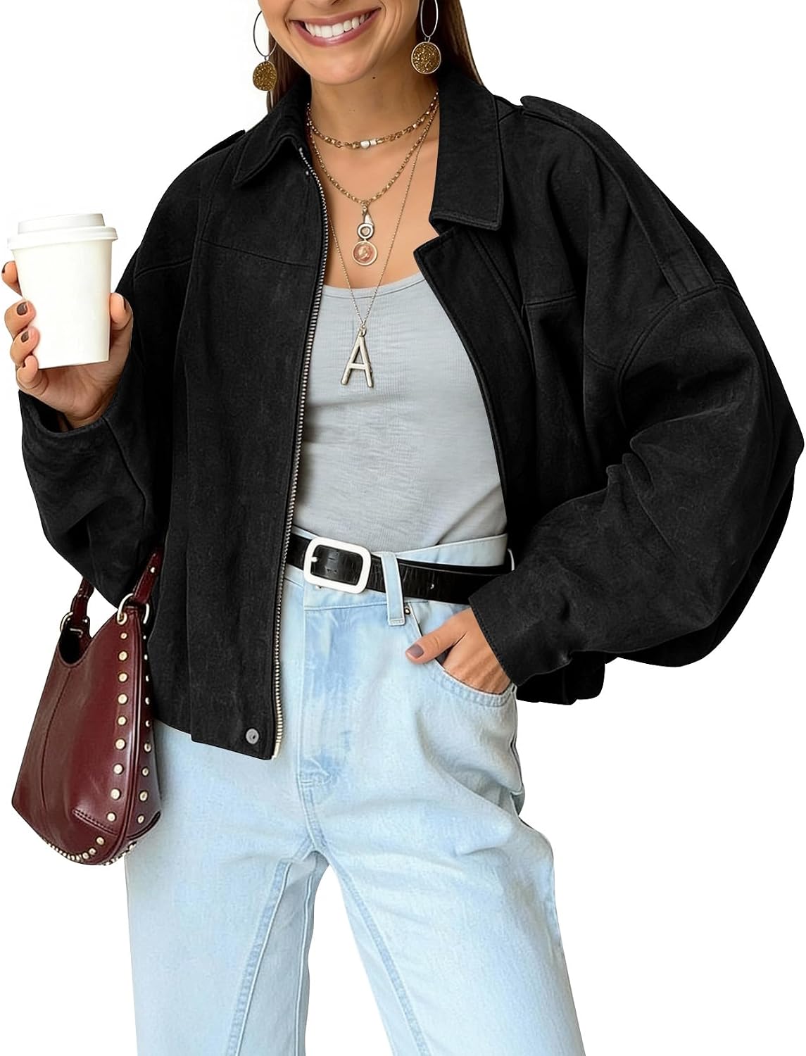 Pruitt Women's Faux Suede Bomber Jacket – Cropped Fit, Dolman Sleeves & Zip-Up Front