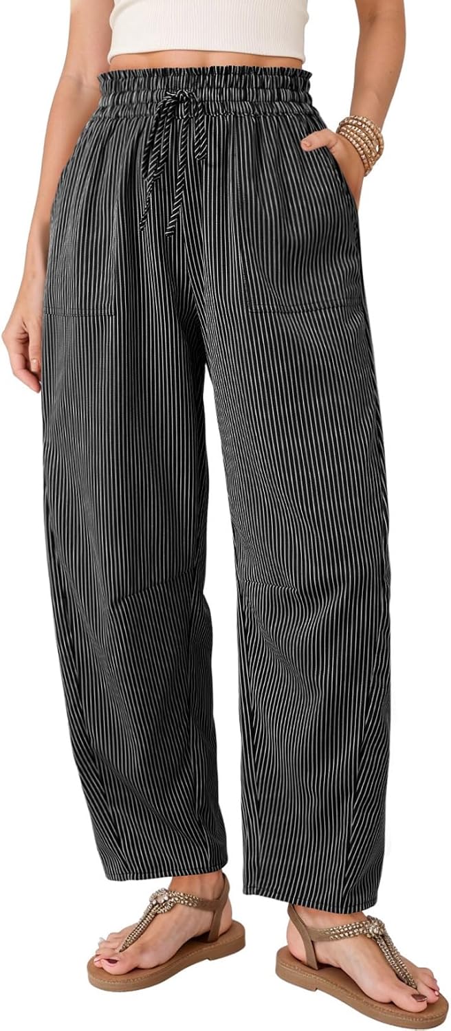 Ulmer Women's Striped Barrel-Leg Trousers – Paper-Bag Waist, Drawstring & Handy Pockets