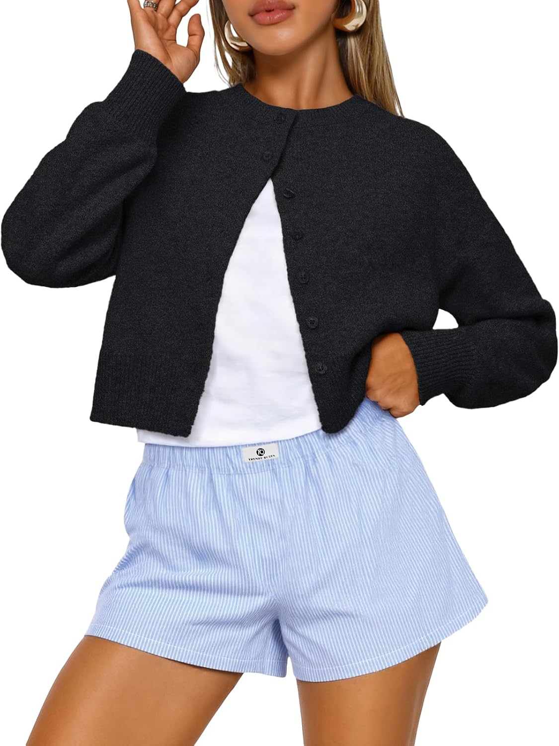 Elspeth Women's Cropped Knit Cardigan – Dropped-Shoulder Design, Boxy Fit & Plush Knit