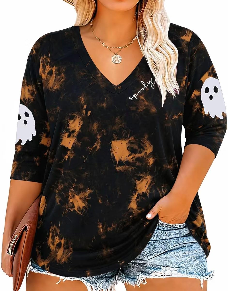 Winslet Women's V-Neckline Top – 3/4 Sleeves, Printed Design & Relaxed Plus-Size Fit