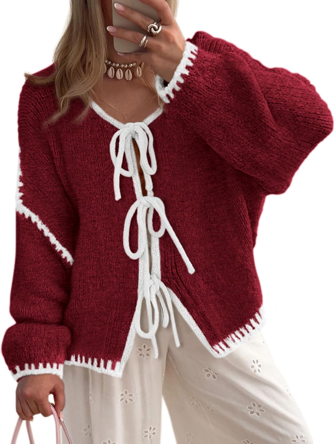 Juniper Women's Cable Knit Cardigan – Tie Front, Puff Sleeves & Loose Silhouette