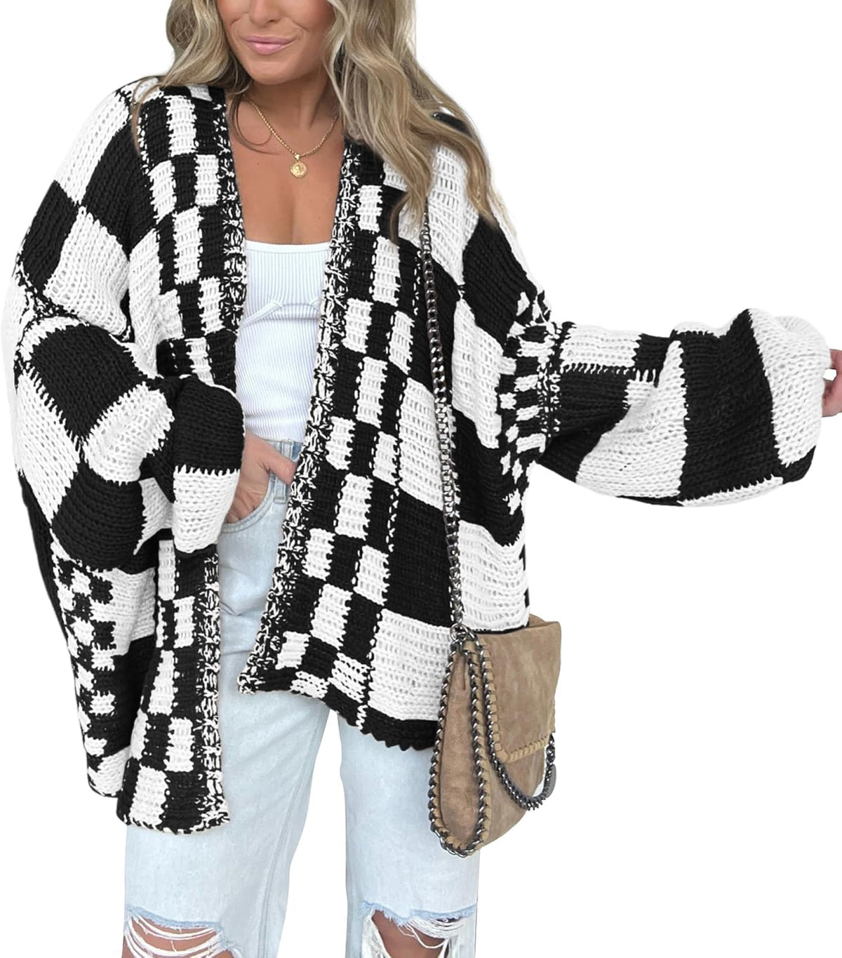 Idony Women's Checkered Knit Cardigan – Open-Front Design, V-Neckline & Comfortable Fit