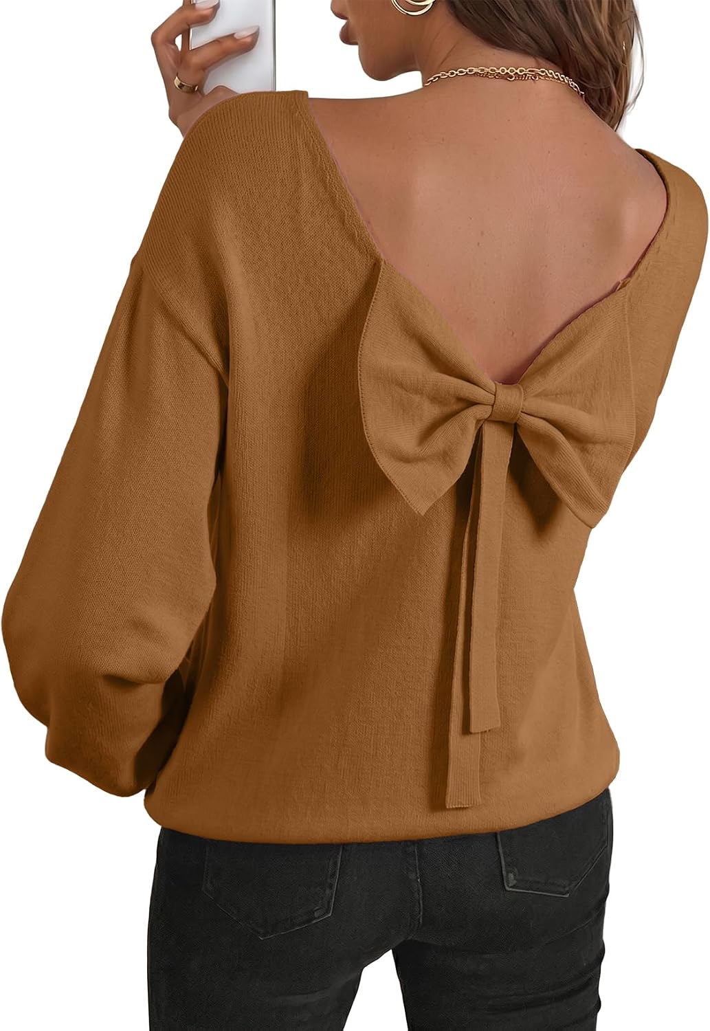 Cormac Women's Back Bow Knit Sweater – Open Back, Balloon Sleeves & Comfortable Fit