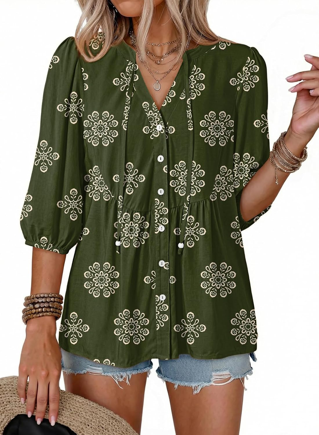 Blythe Women's Floral Peplum Blouse – V-Neckline, Tie Front & Button-Down Design