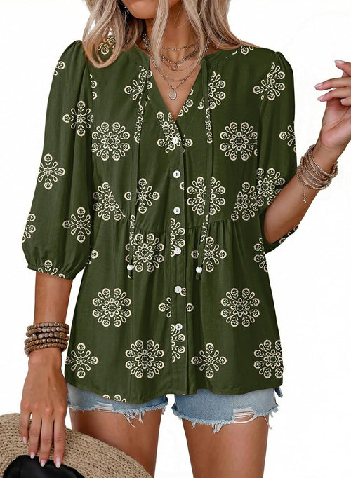Blythe Women's Floral Peplum Blouse – V-Neckline, Tie Front & Button-Down Design