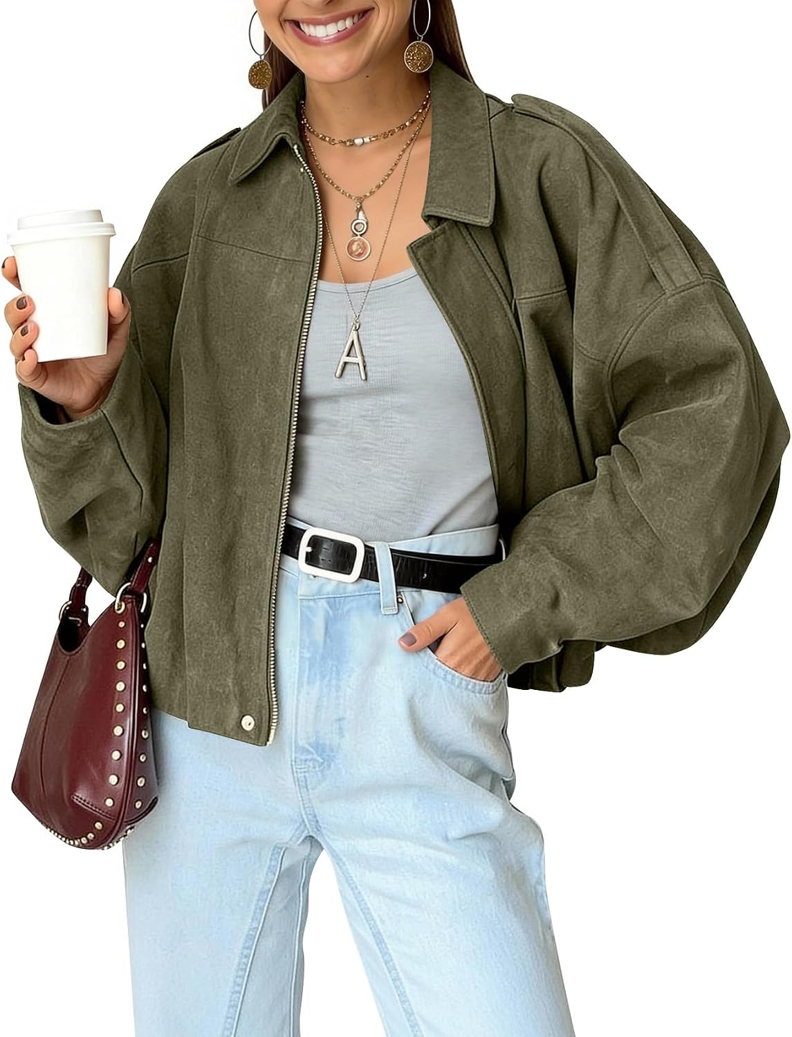 Pruitt Women's Faux Suede Bomber Jacket – Cropped Fit, Dolman Sleeves & Zip-Up Front