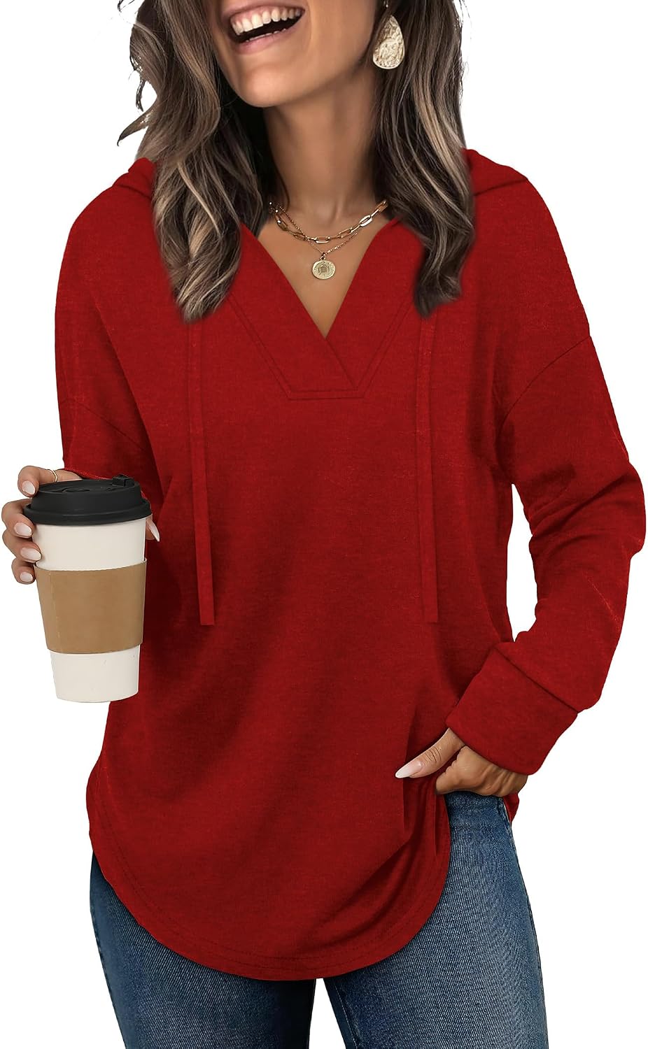 Elowen Women's V-Neckline Hoodie – Asymmetric Hem, Full-Length Sleeves & Easy Fit