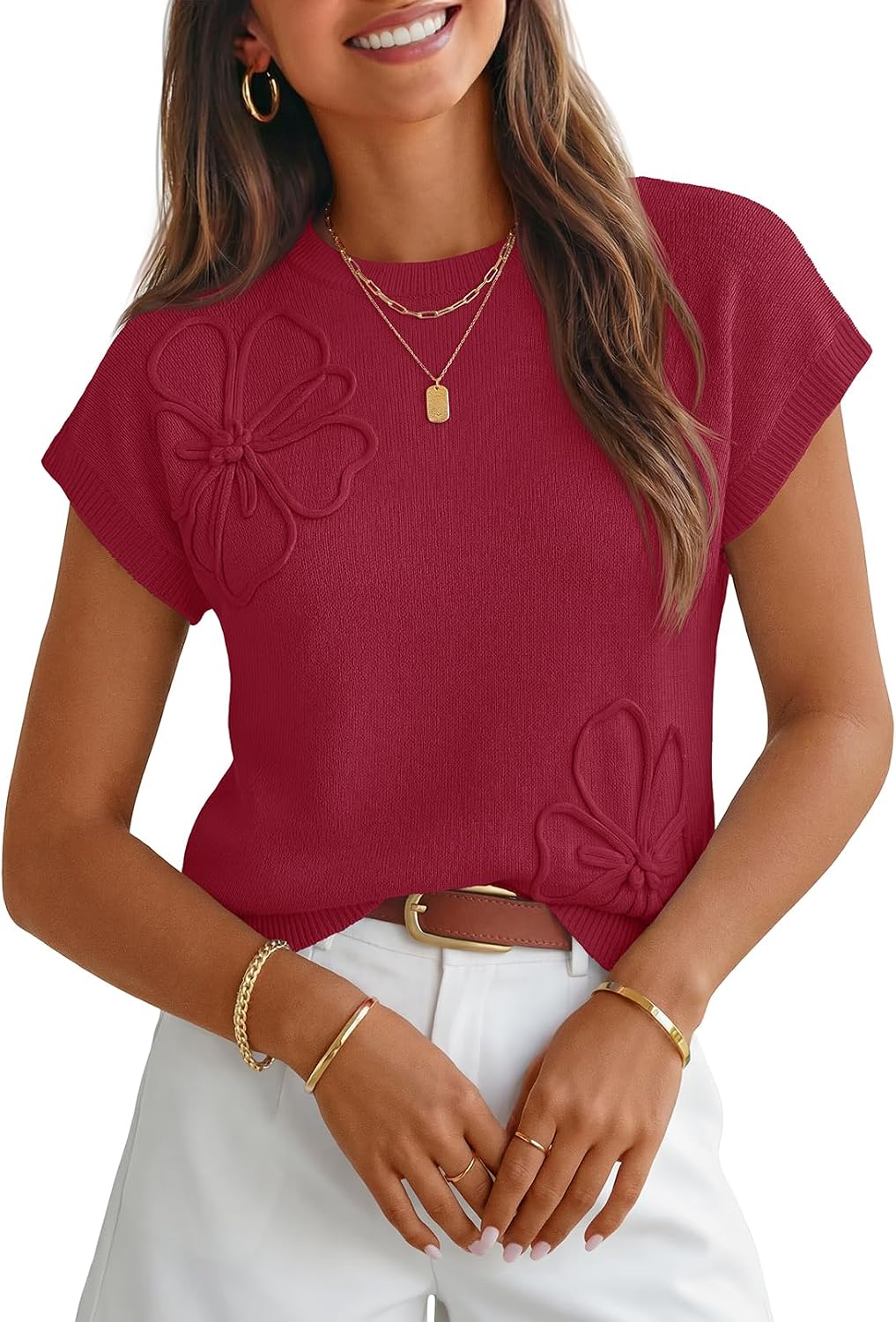 Larkin Women's 3D Floral Knit Top – Cap Sleeves, Round Neckline & Easy Fit