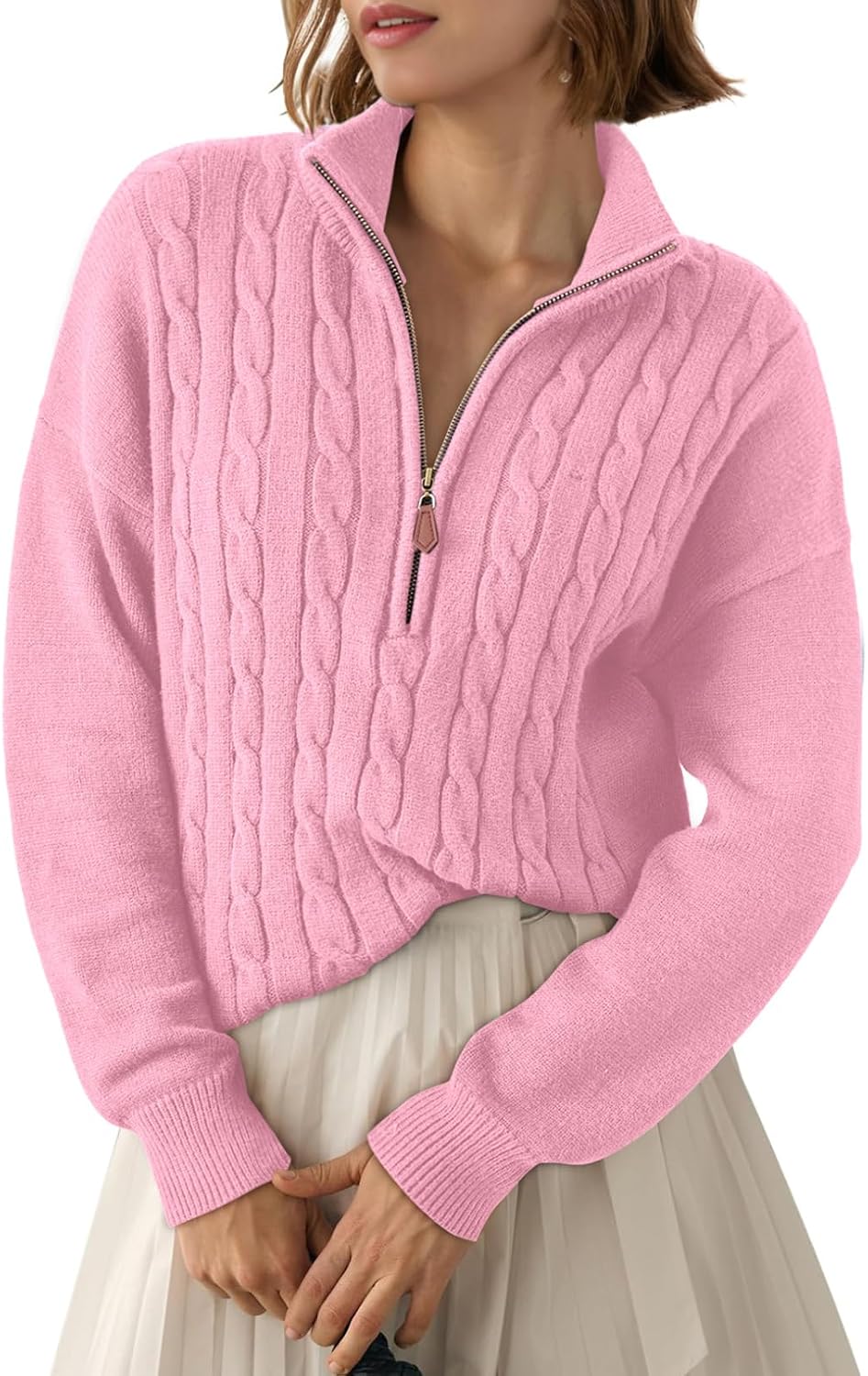 Philippa Women's Ribbed Quarter-Zip Sweater – V-Neckline, Dropped-Shoulder Design & Easy Fit