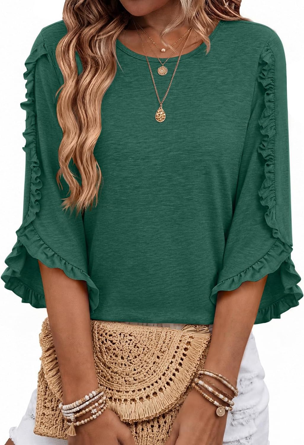 Garrick Women's Ruffle Trim Top – Round Neckline, 3/4 Sleeves & Easy Fit