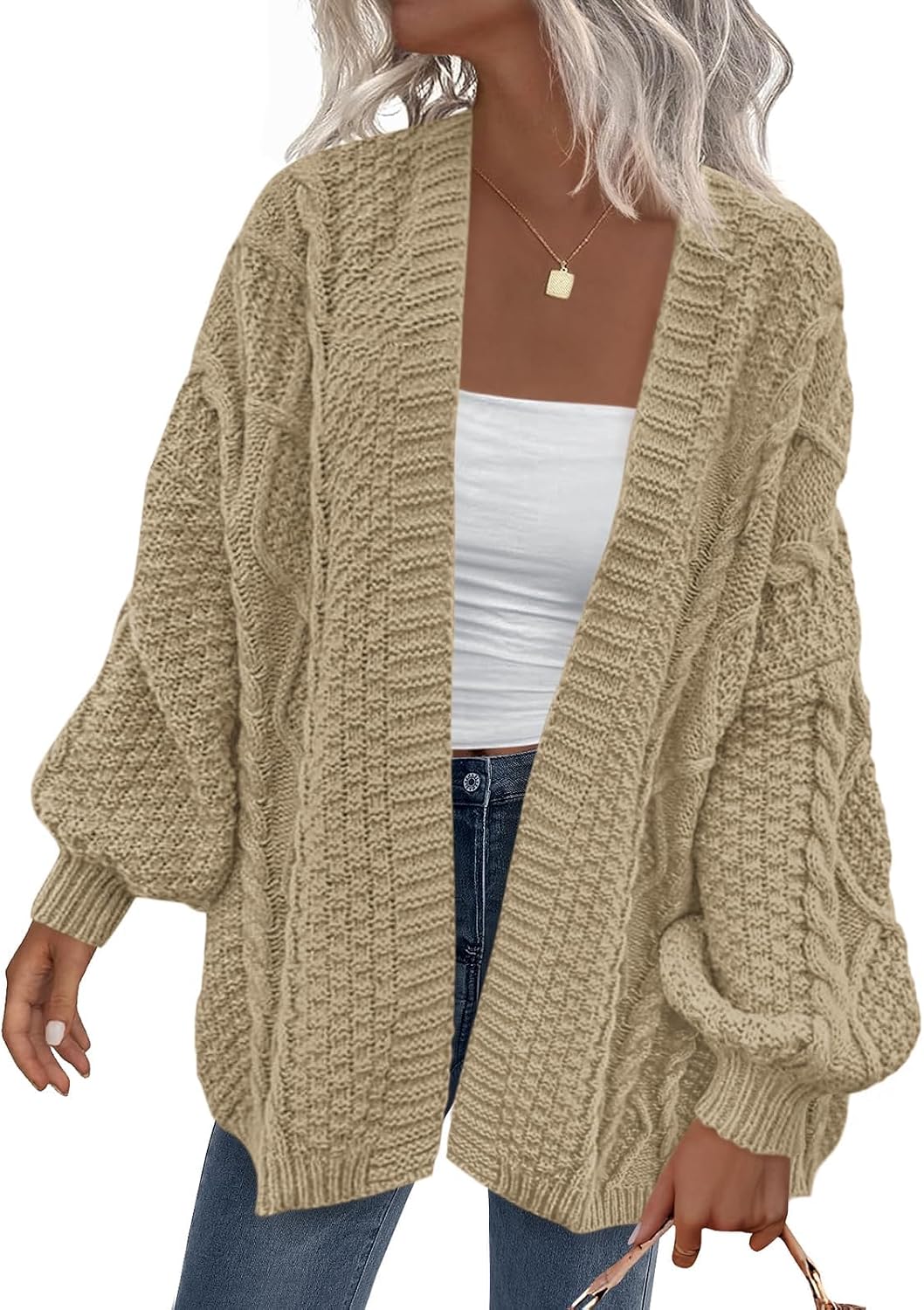 Zinnia Women's Cable Knit Cardigan – Balloon Sleeves, Dropped-Shoulder Design & Loose Silhouette