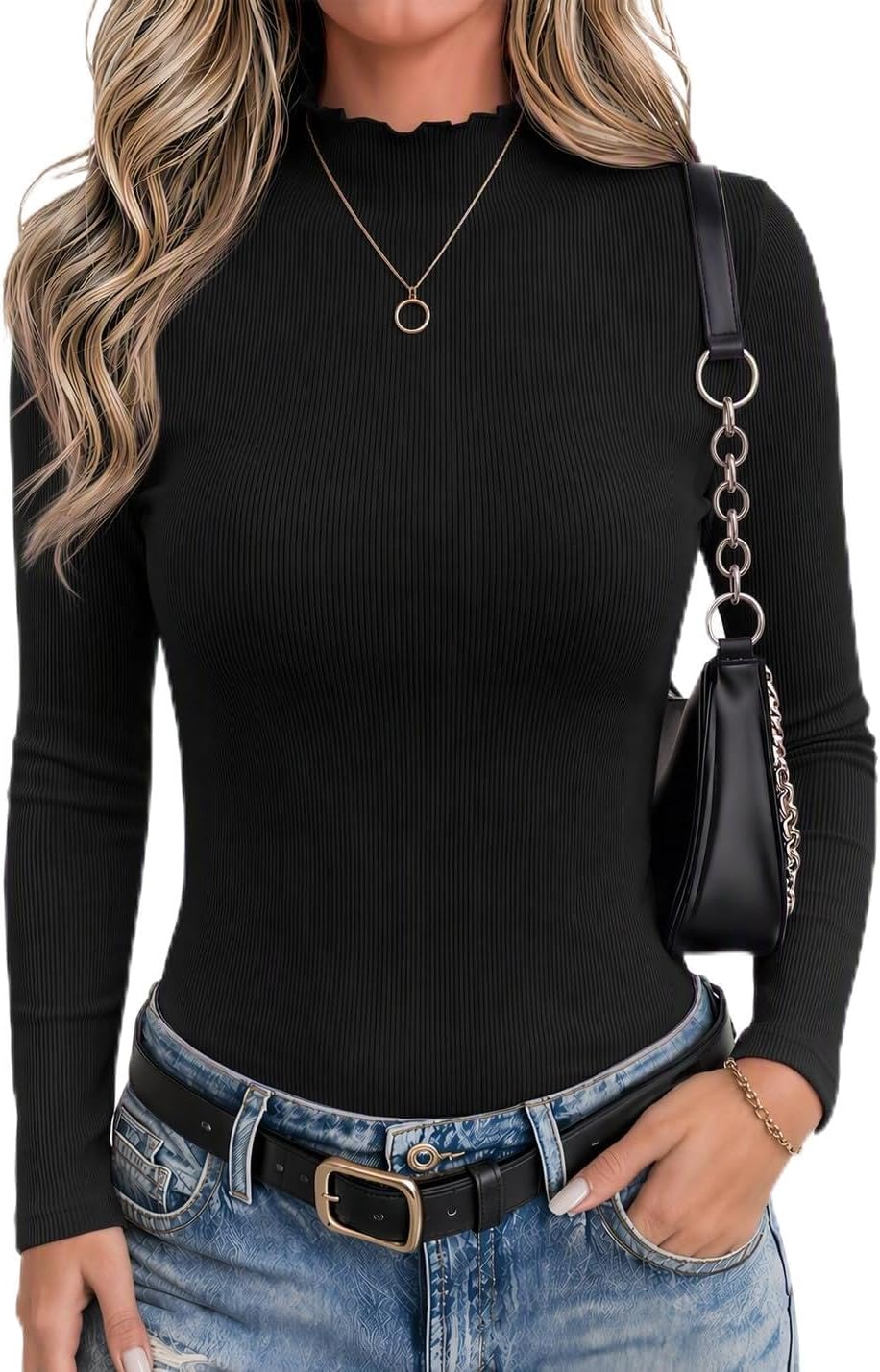 Larkin Women's Ribbed Mock Neck Top – Lettuce Trim, Full-Length Sleeves & Slim Stretch Fit