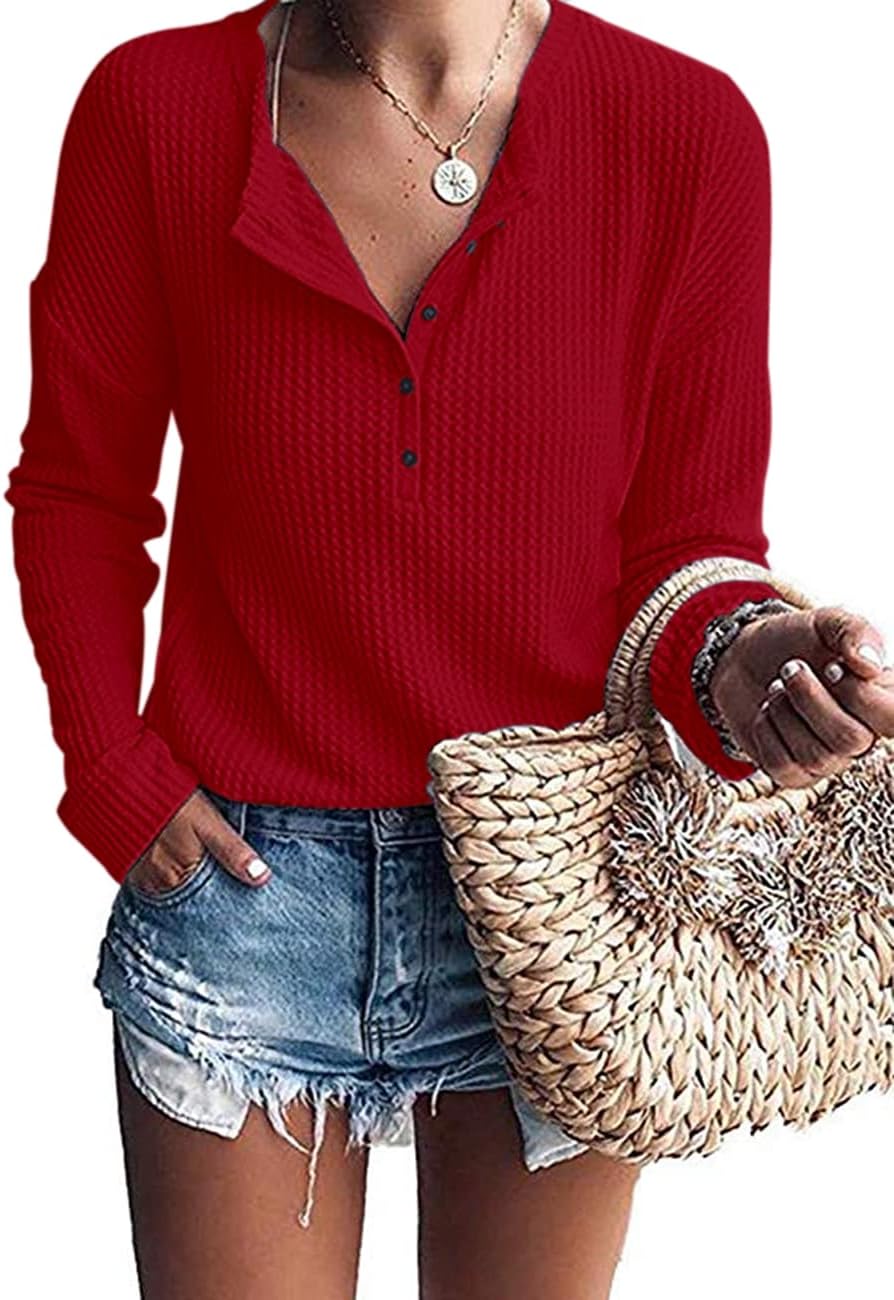 Bram Women's Waffle Knit Henley Top – V-Neckline, Dolman Sleeves & Easy Fit