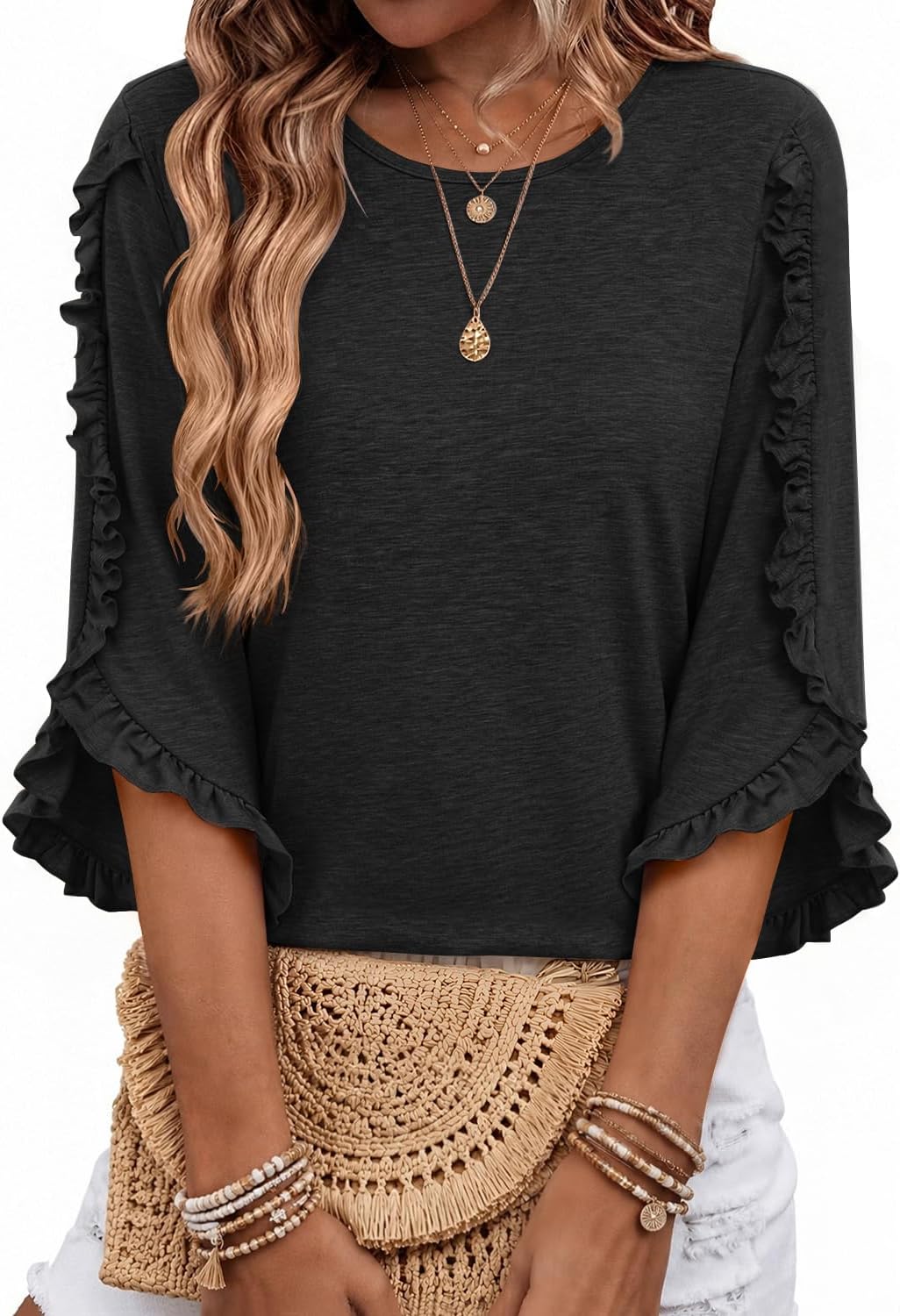 Garrick Women's Ruffle Trim Top – Round Neckline, 3/4 Sleeves & Easy Fit
