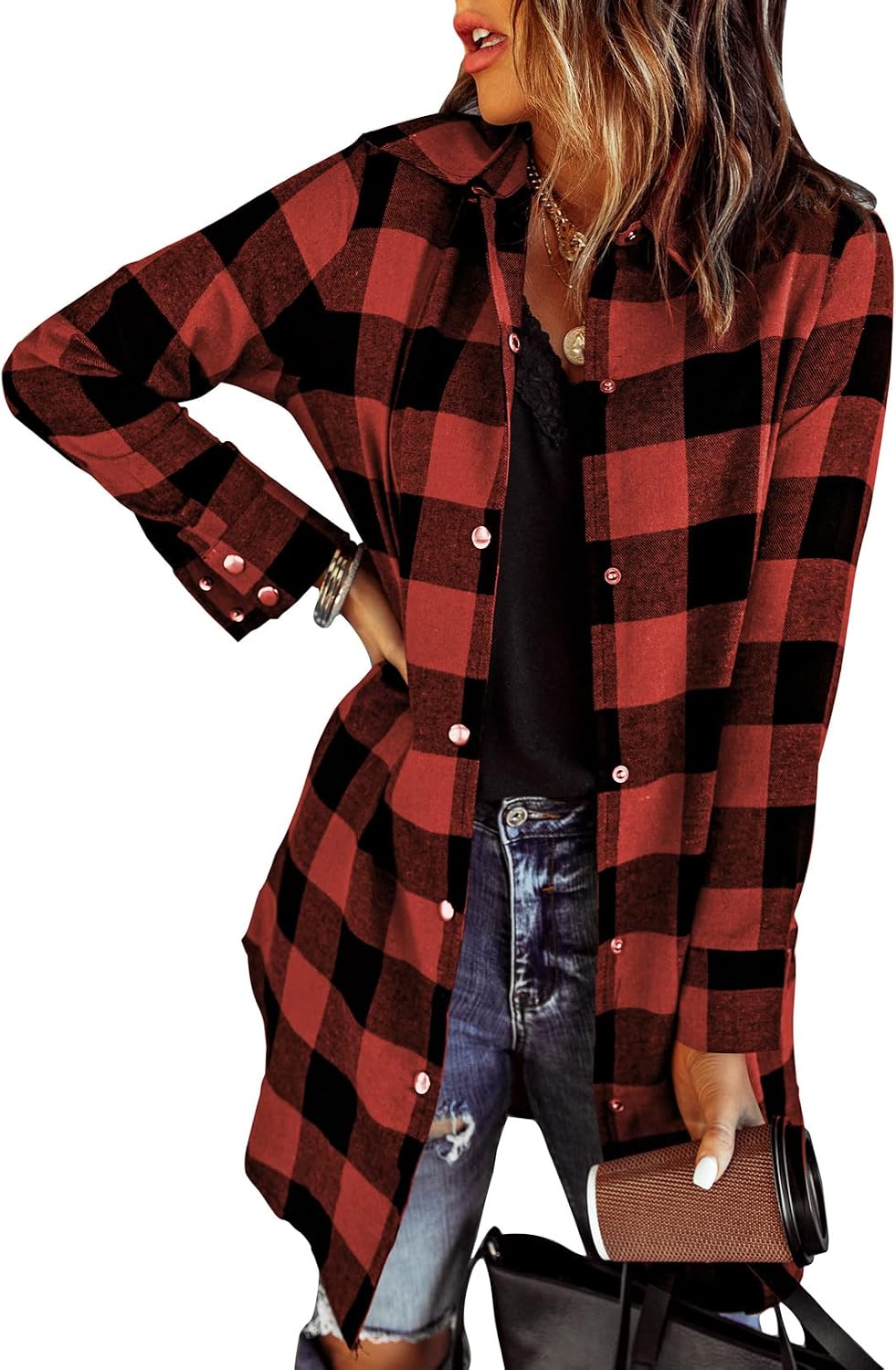 Griselda Women's Plaid Shacket – Button-Up Front, Boyfriend Fit & Handy Pockets