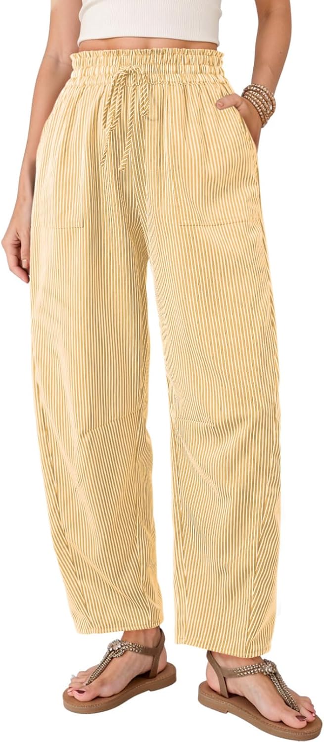 Ulmer Women's Striped Barrel-Leg Trousers – Paper-Bag Waist, Drawstring & Handy Pockets