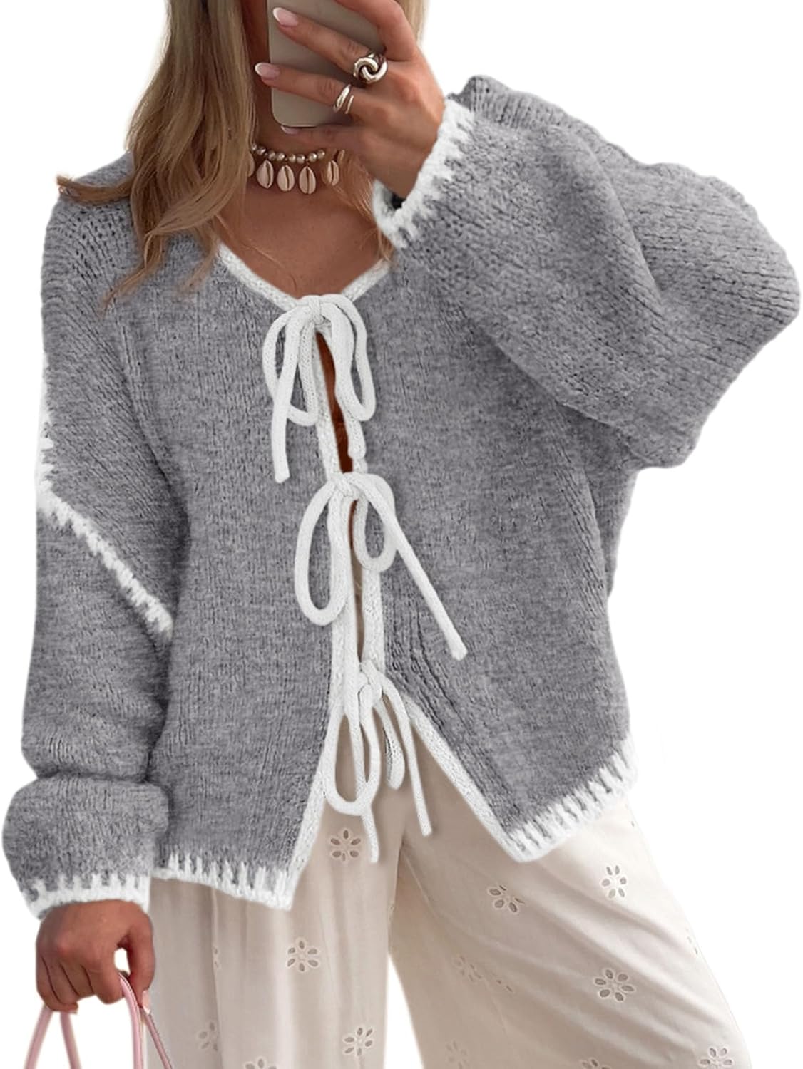 Juniper Women's Cable Knit Cardigan – Tie Front, Puff Sleeves & Loose Silhouette