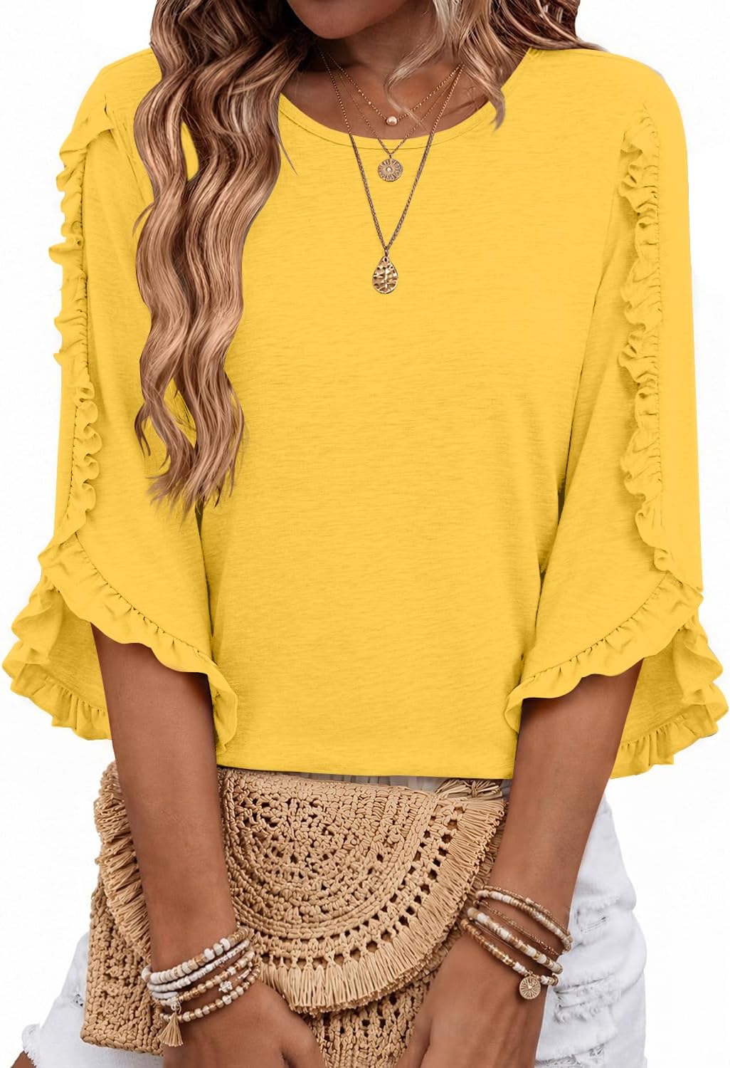 Garrick Women's Ruffle Trim Top – Round Neckline, 3/4 Sleeves & Easy Fit