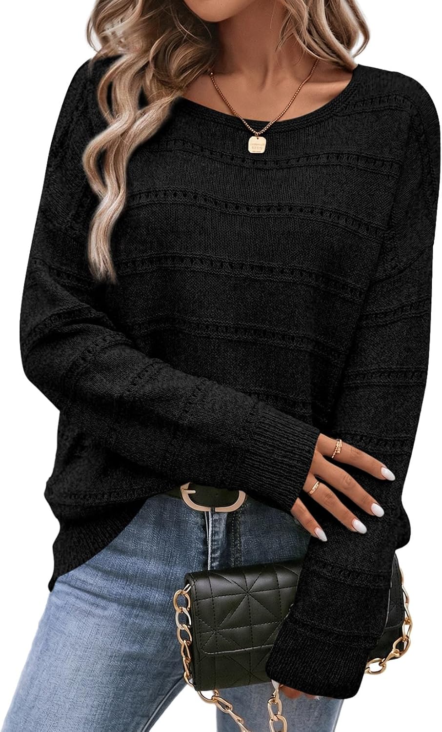 Faye Women's Hollow-Knit Sweater – Round Neckline, Dropped-Shoulder Design & Striped Texture