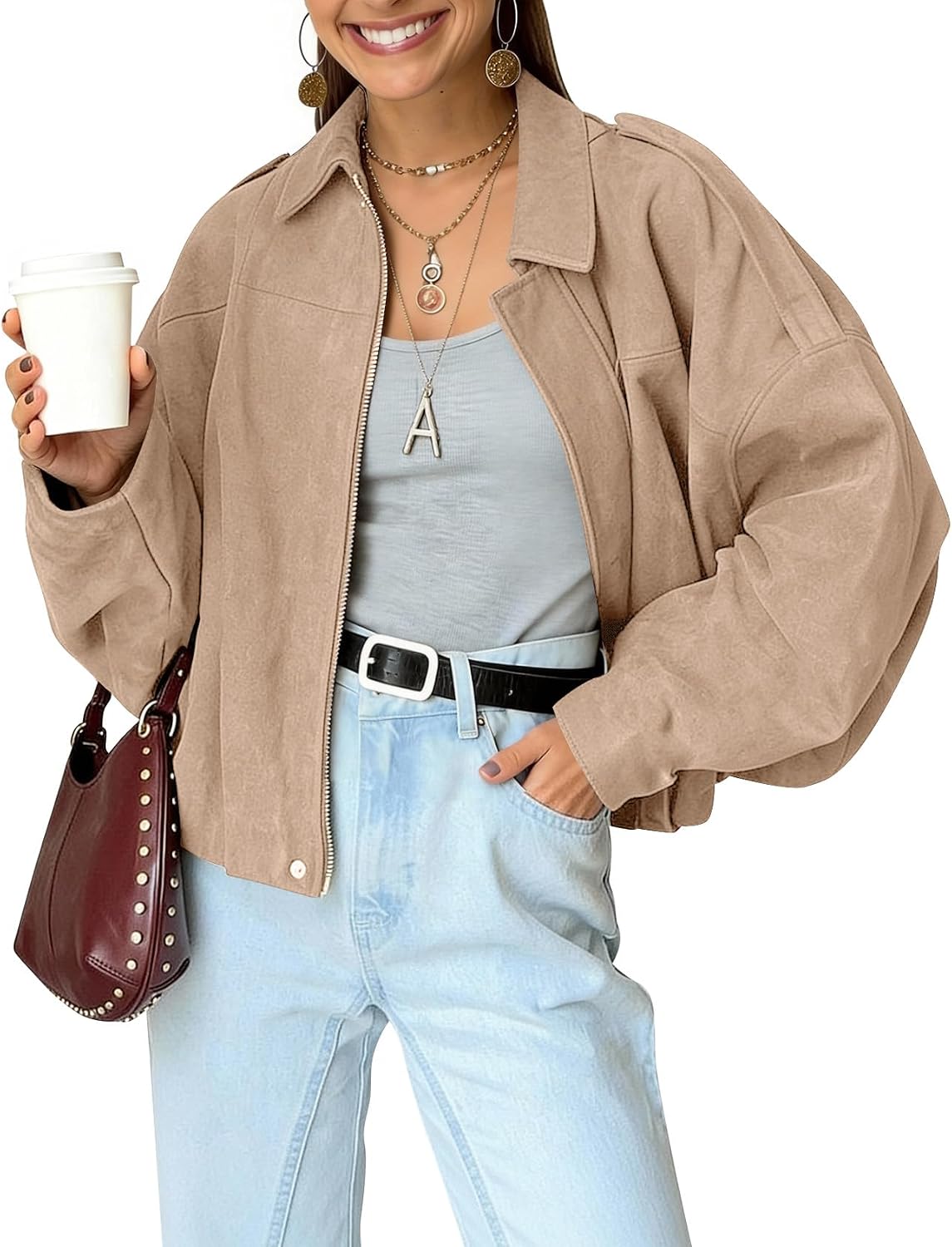 Pruitt Women's Faux Suede Bomber Jacket – Cropped Fit, Dolman Sleeves & Zip-Up Front