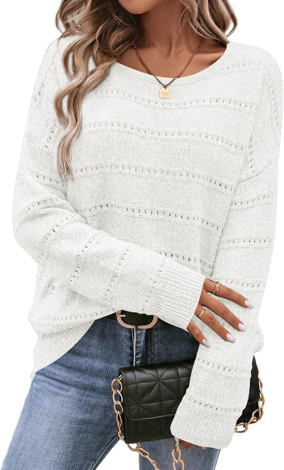 Faye Women's Hollow-Knit Sweater – Round Neckline, Dropped-Shoulder Design & Striped Texture