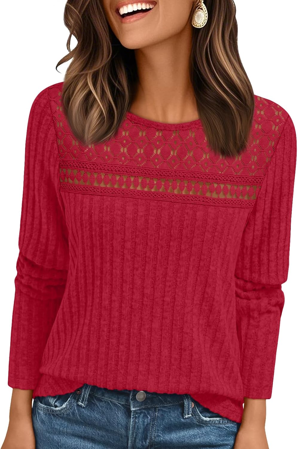 Cormac Women's Lace Ribbed Top – Crewneck, Full-Length Sleeves & Fitted Silhouette