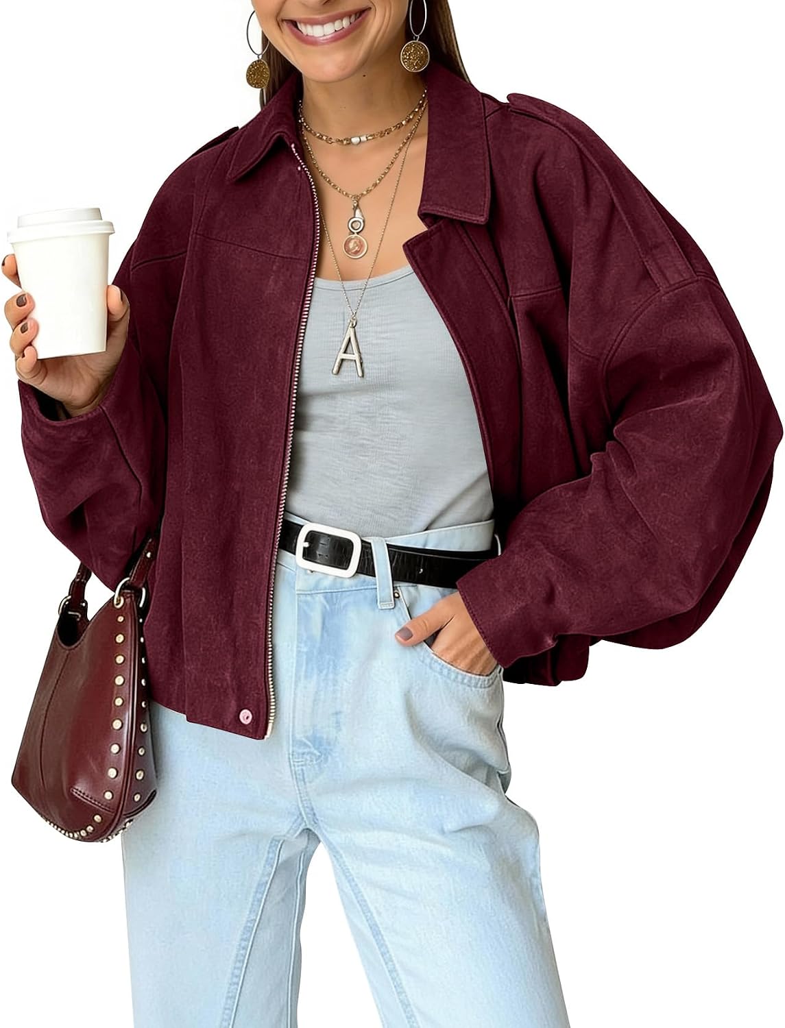 Pruitt Women's Faux Suede Bomber Jacket – Cropped Fit, Dolman Sleeves & Zip-Up Front