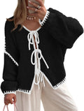Juniper Women's Cable Knit Cardigan – Tie Front, Puff Sleeves & Loose Silhouette