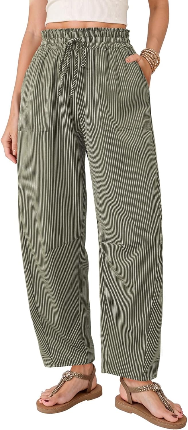 Ulmer Women's Striped Barrel-Leg Trousers – Paper-Bag Waist, Drawstring & Handy Pockets