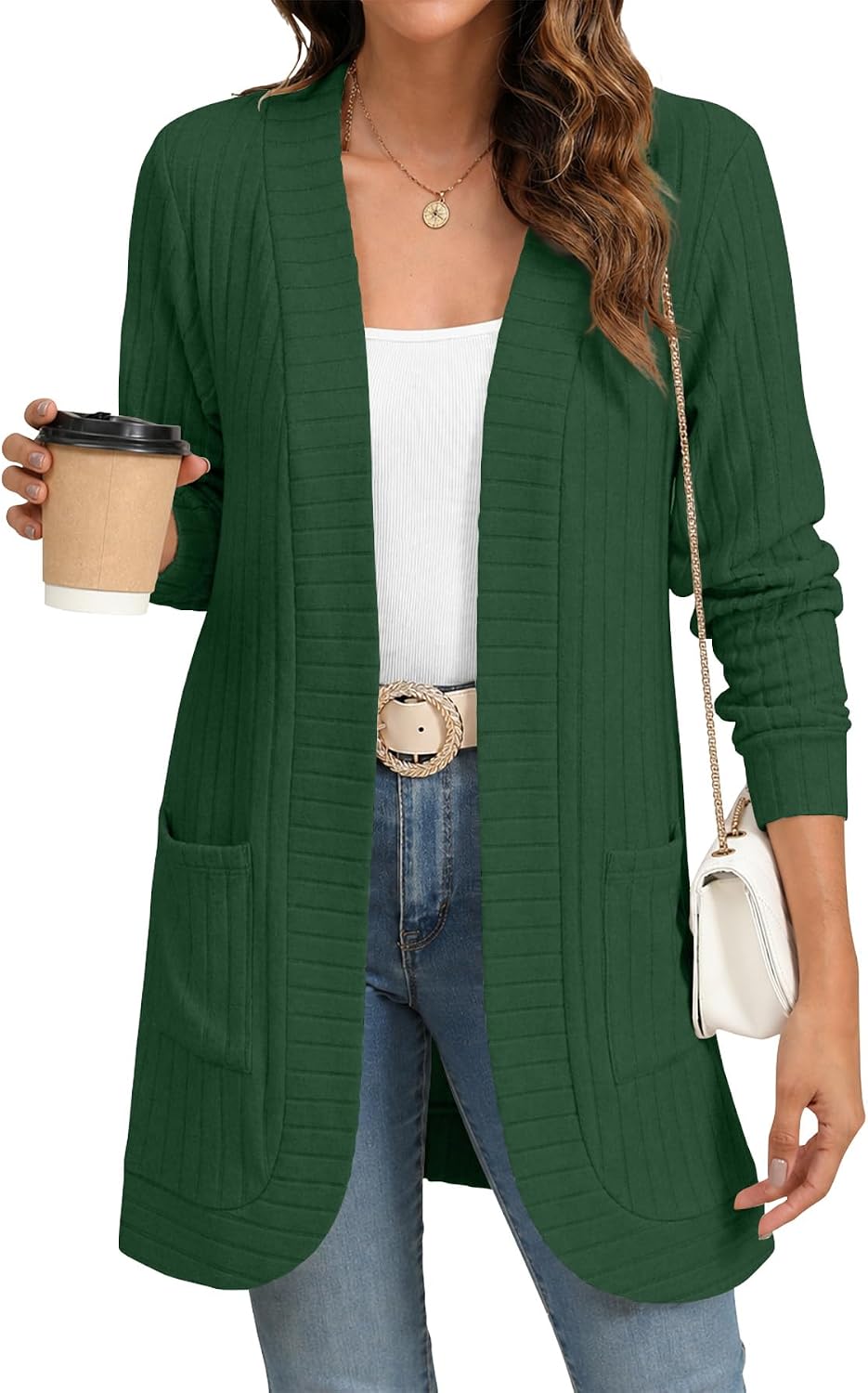 Elspeth Women's Ribbed Open-Front Cardigan – Full-Length Sleeves, Relaxed Silhouette & Side Slip Pockets