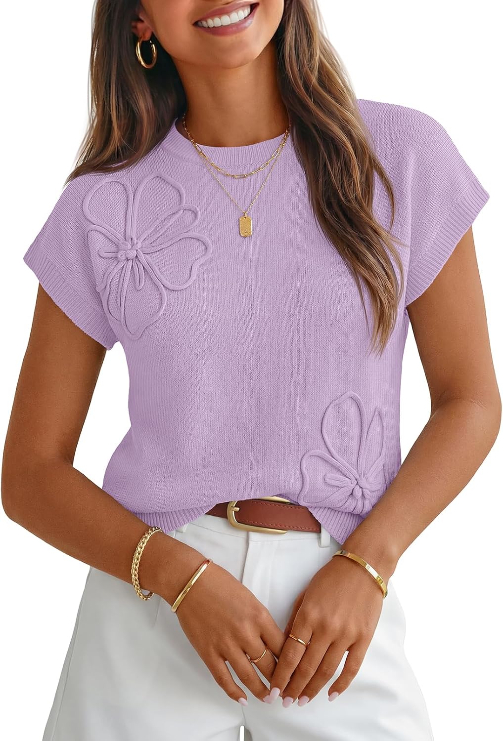 Larkin Women's 3D Floral Knit Top – Cap Sleeves, Round Neckline & Easy Fit