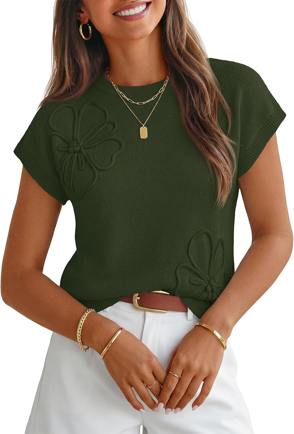 Larkin Women's 3D Floral Knit Top – Cap Sleeves, Round Neckline & Easy Fit