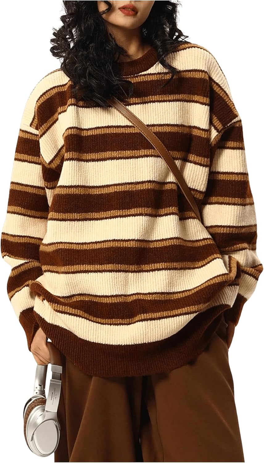 Marlowe Women's Striped Sweater – Round Neckline, Dropped-Shoulder Design & Roomy Fit