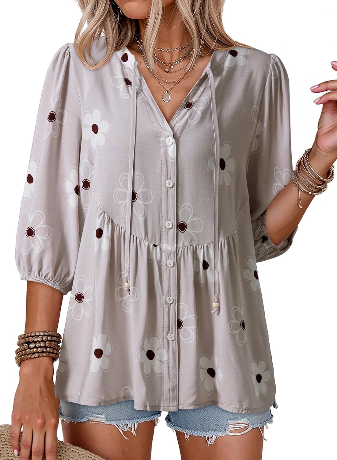 Blythe Women's Floral Peplum Blouse – V-Neckline, Tie Front & Button-Down Design